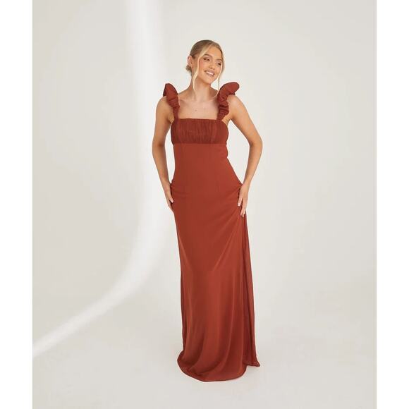 Six Stories Pleated Shoulder Chiffon Bridesmaids Dress in Rust –Size US 6/ UK 10 - Picture 1 of 13